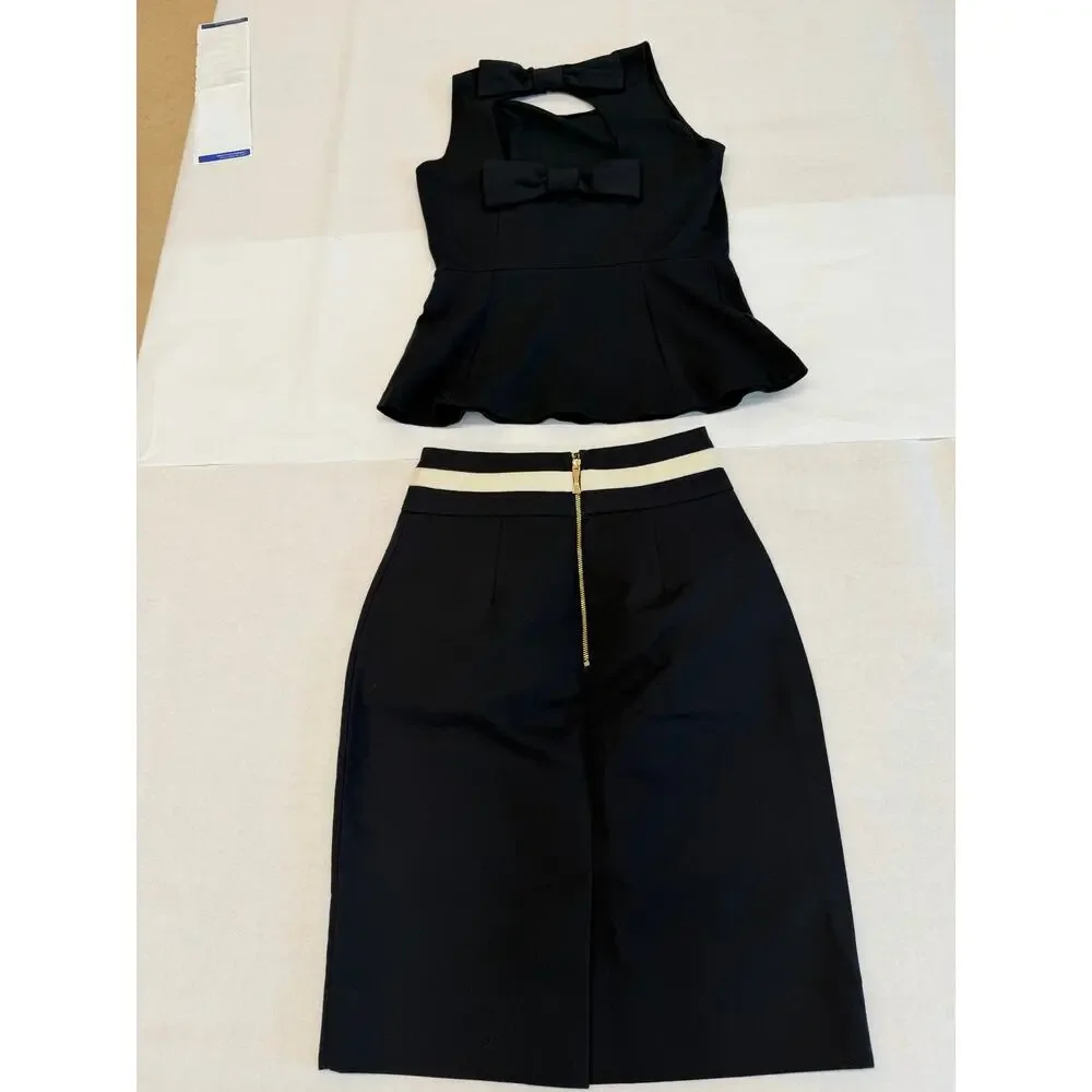Kate Spade 2 Pc Set Peplum Bow Back Top Ivory Trim Pencil Skirt Size 2 Black